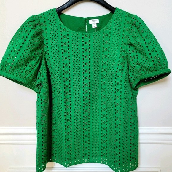New J.Crew Sz M Eyelet Puff Sleeve Top Kelly Green Cotton Shirt Blouse NWT AL517 | eBay US
