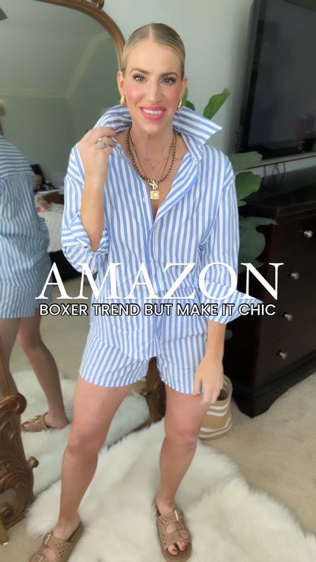 Embracing the boxer trend, but making it chic✨ These poplin sets are super high quality and are a great way to wear a fun trend for year’s to come. The @amazon set comes in tons of colors and fits tts. I am wearing a small. I love the vertical stripes, button panel covering and high end sleeves cuffs. It’s always a good idea to have a set like this in more than one color! 

#LTKfindsunder50 #LTKstyletip #LTKtravel