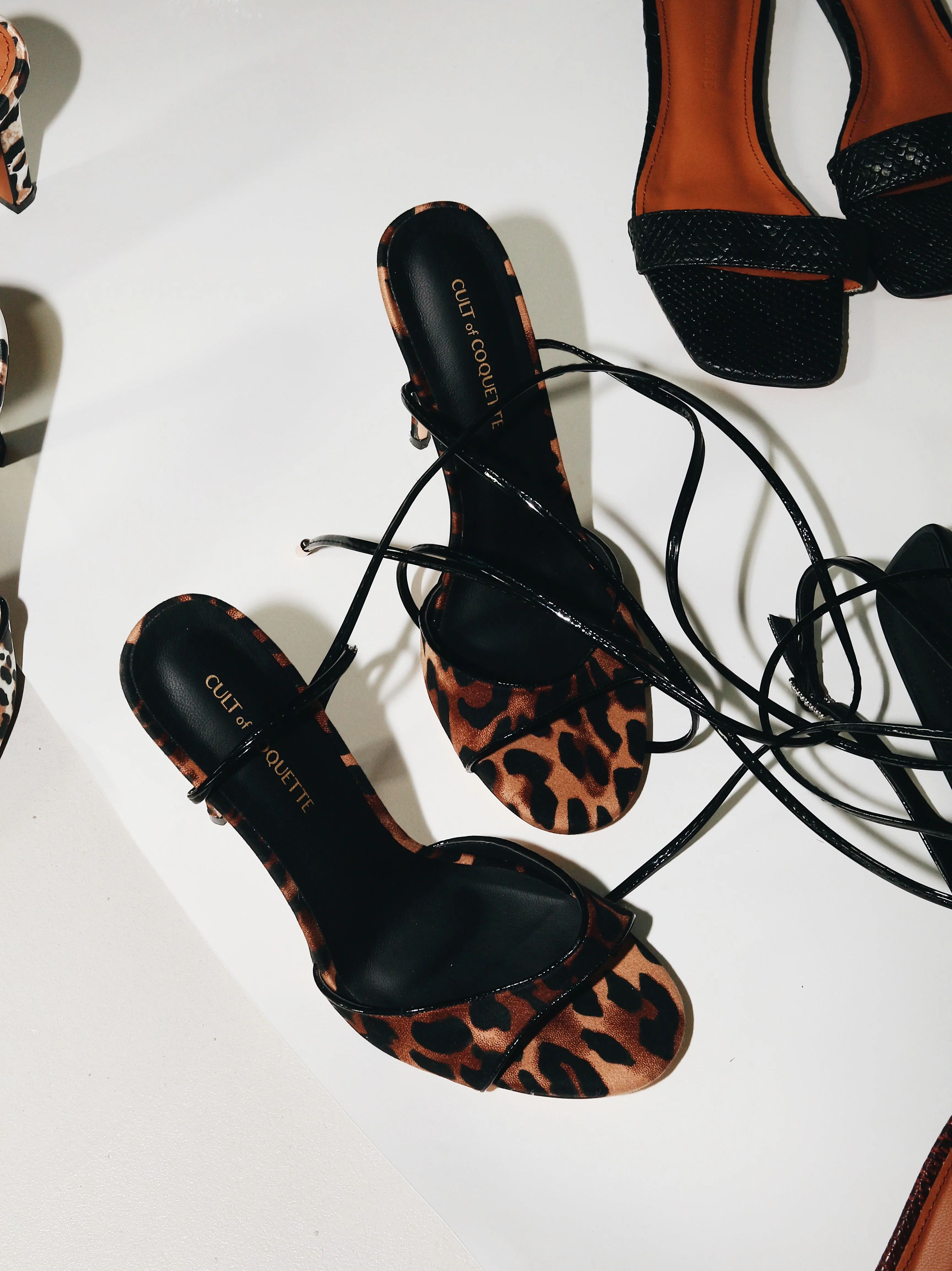 Monica 100 mm Leopard Vegan Wrap Sandal Heels | CULT OF COQUETTE