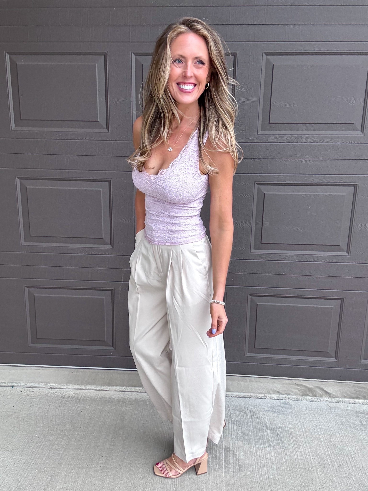 This lavender lace top is absolutely beautiful and pairs so good with these trousers! 💜 Wearing an xsmall in the top and small in the pants.

As an Amazon Influencer I earn commission on qualifying purchases.

Spring styles 2026, lavender lace top, neutral colored trousers, mom style, office attire 

#LTKWorkwear #LTKOver40 #LTKootd