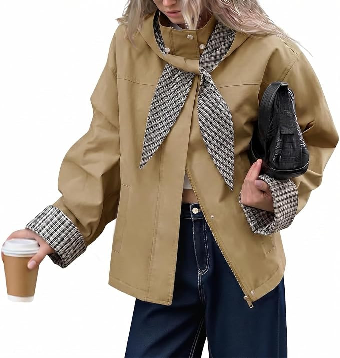 Tankaneo Womens Cropped Trench Coats Fall Jacket with Plaid Detachable Hood | Casual,Mujer,chaque... | Amazon (US)