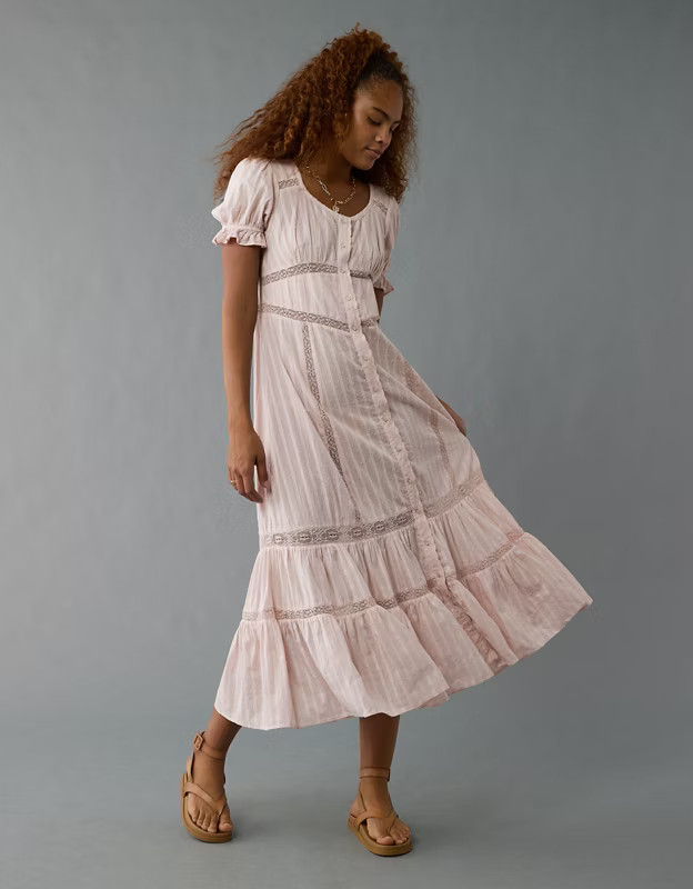 AE Lace Puff-Sleeve Button-Up Midi Dress | American Eagle Outfitters (US & CA)