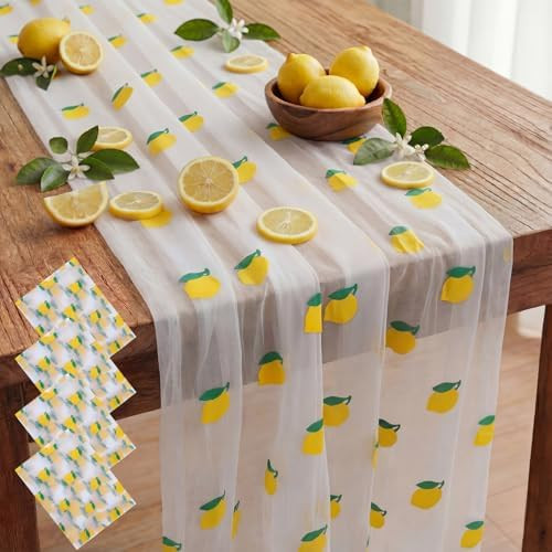 4 Pcs Lemon Tulle Table Runner 29 x70 inch Lemon Lace Table Runner Lemonade Stand Decorations for... | Amazon (US)