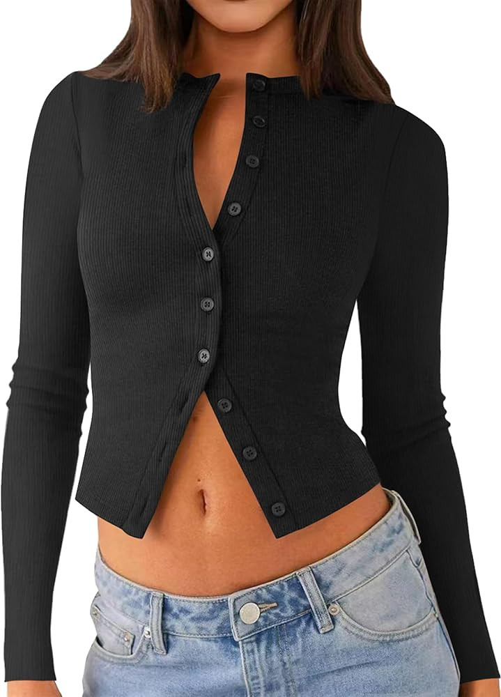 Womens Long Sleeve Tops Fall Lightweight Cardigan Cropped Going Out Shirts Ribbed Button Down Cut... | Amazon (US)