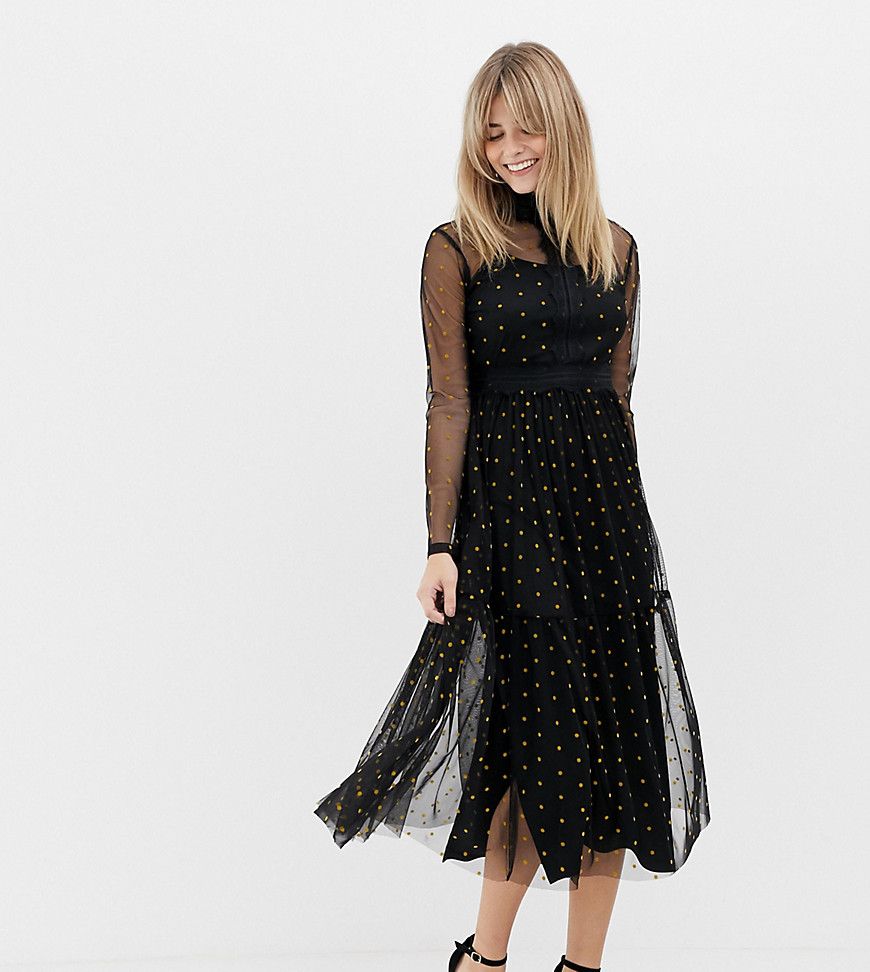 Lace & Beads long sleeve tulle midi dress with mustard spot - Black | ASOS US