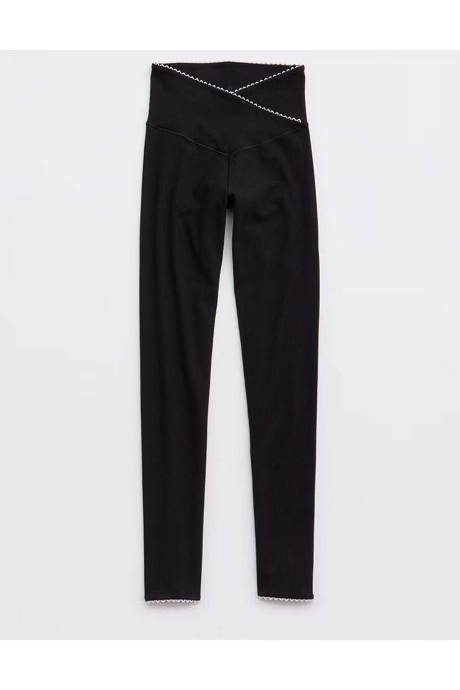 OFFLINE By Aerie Real Me XTRA Ribbed Picot Trim Crossover Legging Women's True Black XXS | American Eagle Outfitters (US & CA)