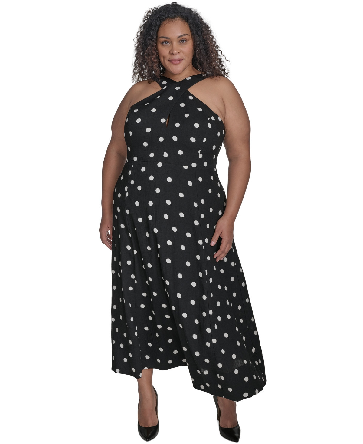 Dkny Plus Size Polka-Dot Crisscross Halter Maxi Dress - Black/Ivory | Macy's