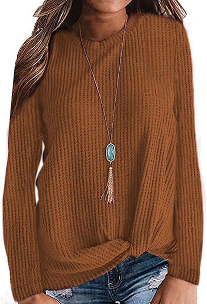 MISFAY Womens Casual Top Long Sleeve Cute Twist Knot Waffle Knit Shirts Tops | Amazon (US)