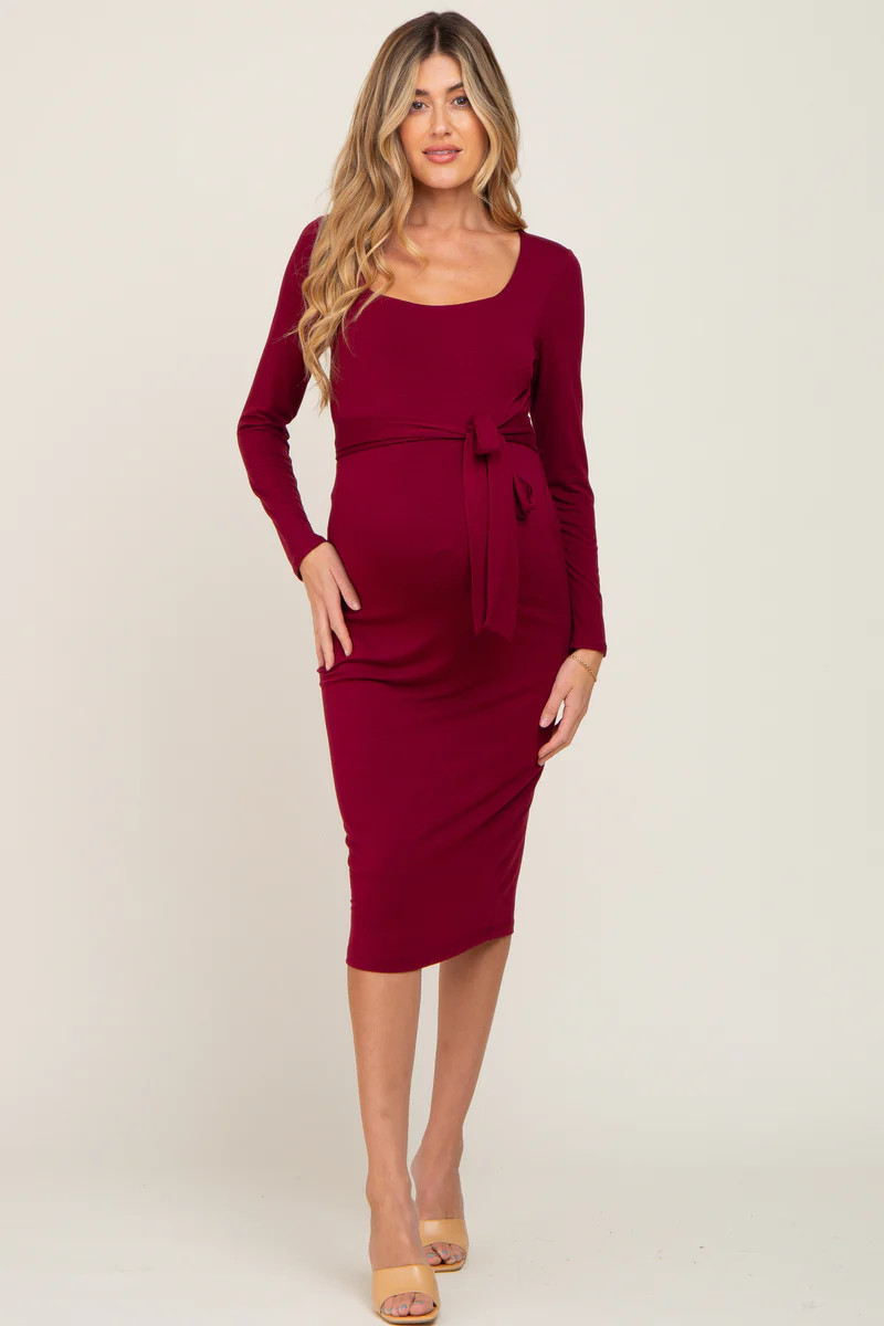 Burgundy Basic Square Neck Maternity Midi Dress | PinkBlush Maternity