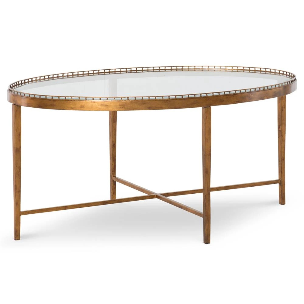 Century Logan Hollywood Regency Clear Tempered Glass Brass Metal Oval Coffee Table | Kathy Kuo Home