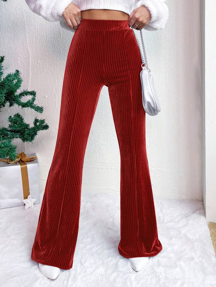 SHEIN Clasi Corduroy Solid Color Elastic Waist Elegant Office Wear Flared Leg Regular Pants | SHEIN