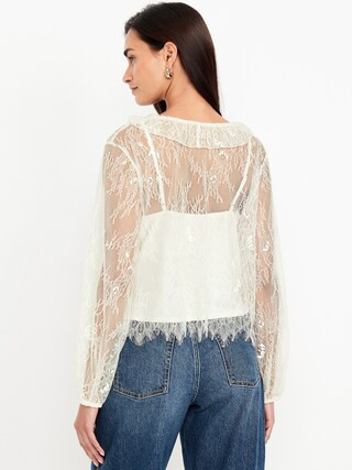 Long-Sleeve Lace V-Neck Lined Top | Old Navy (US)