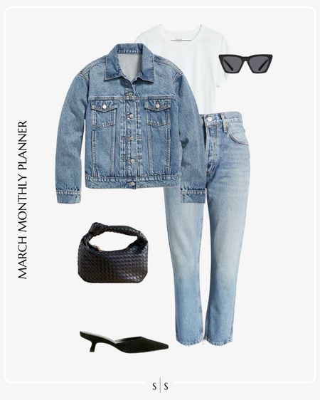Monthly outfit planner: MARCH: Winter to Spring transitional looks | denim jacket, cropped straight jean, white tee, pointed toe kitten heel mules, woven knot handbag 

See the entire calendar on thesarahstories.com ✨ 


#LTKstyletip