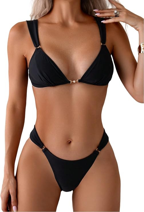 QJQ Women's 2 Piece Cheeky Bikini Sets Tie Back Ring Linked Brazilian Swimsuit Sexy Triangle Bath... | Amazon (US)