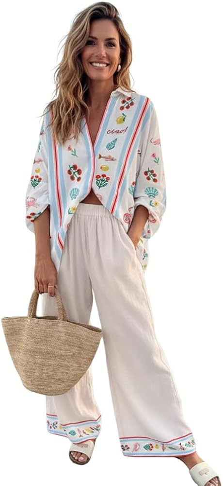 Women's Beach Vacation 2 Piece Outfits Long Sleeve Button Shirt Elastic Waist Wide Leg Pants Casu... | Amazon (US)
