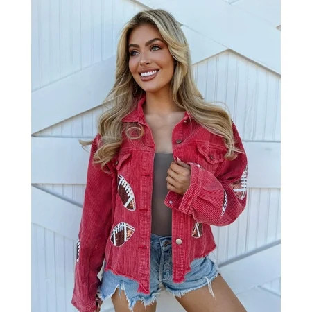 Live Love Gameday® Red Corduroy Sequin Football Cropped Jacket (US Alpha X-Large Regular Regular Red) | Walmart (US)