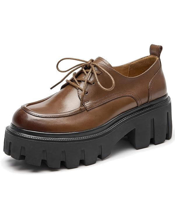 BEAU TODAY Platform Oxfords for Women, Oxford Shoes for Women, Chunky Leather Lace Up Oxfords Com... | Amazon (US)