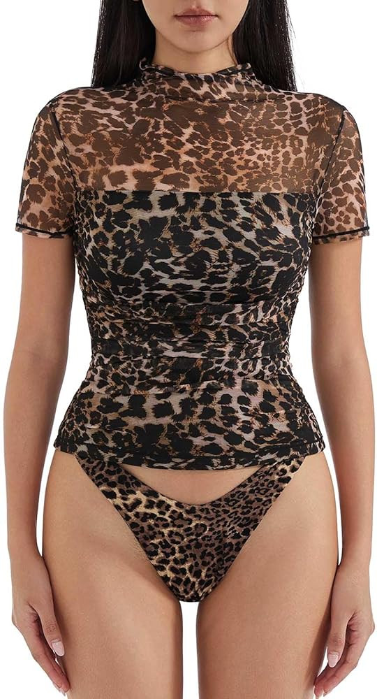 SUUKSESS Women Sexy Mesh Sheer Short Sleeve Tops Mock Neck Ruched Going Out Shirts | Amazon (US)