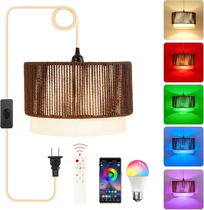 Plug in Pendant Light, Hanging Lamp with Woven Shade, Ceiling Light Fixture with On/Off Switch an... | Amazon (US)