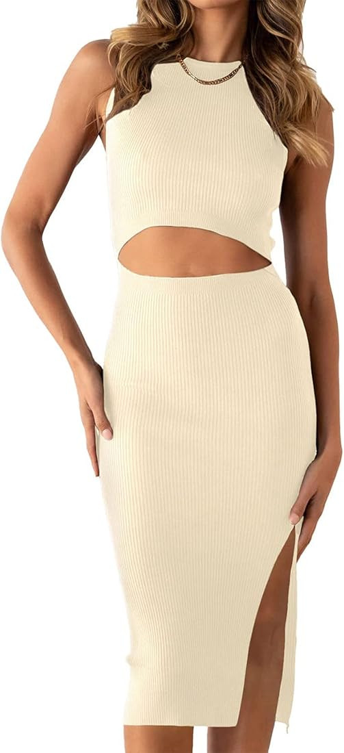 PRETTYGARDEN Women's Summer Midi Bodycon Dresses Casual Crew Neck Side Slit Sleeveless Knit Cut O... | Amazon (US)