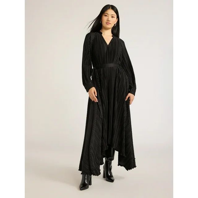 Scoop Women’s Pleated Handkerchief Hem Dress with Long Sleeves, Sizes XS-XXL | Walmart (US)