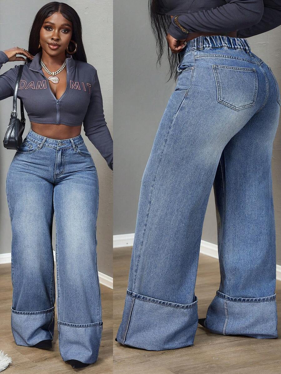 SHEIN CURVE+ Plus Size Casual Washed High Waist Wide Leg Jeans,Fall Clothes For Women | SHEIN