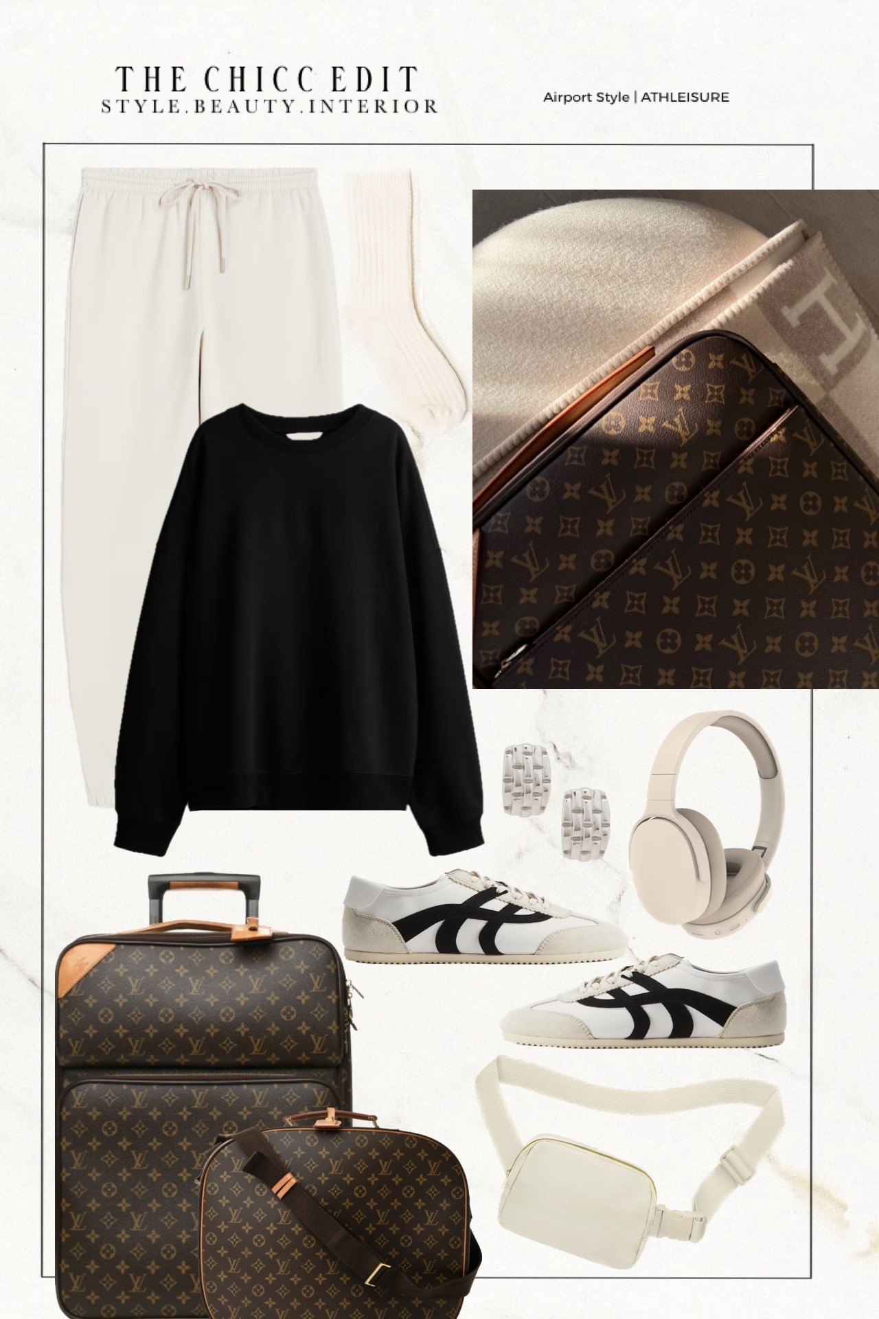 Airport style 🧦🧳

#outfit #louisvuitton #luggage #travel #sneakers sweatshirt joggers adidas headphone Fanny pack earrings socks charger 

#LTKitbag #LTKtravel #LTKshoecrush
