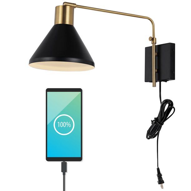 Max 20.5" Swing Arm 1-Light Modern Midcentury Iron USB Charging Port LED Sconce, Black/Brass Gold... | Walmart (US)