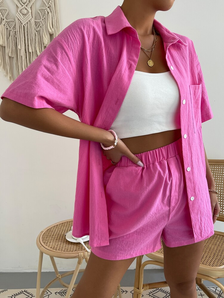 Solid Pocket Patched Drop Shoulder Blouse & Shorts | SHEIN