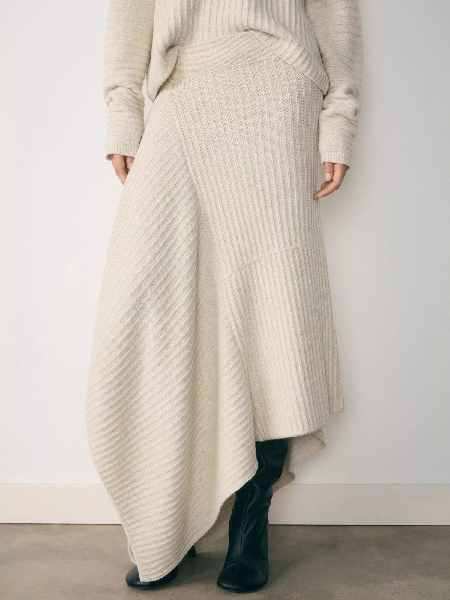 MangoGranado Long Knit Waterfall Skirt, Beige | John Lewis (UK)