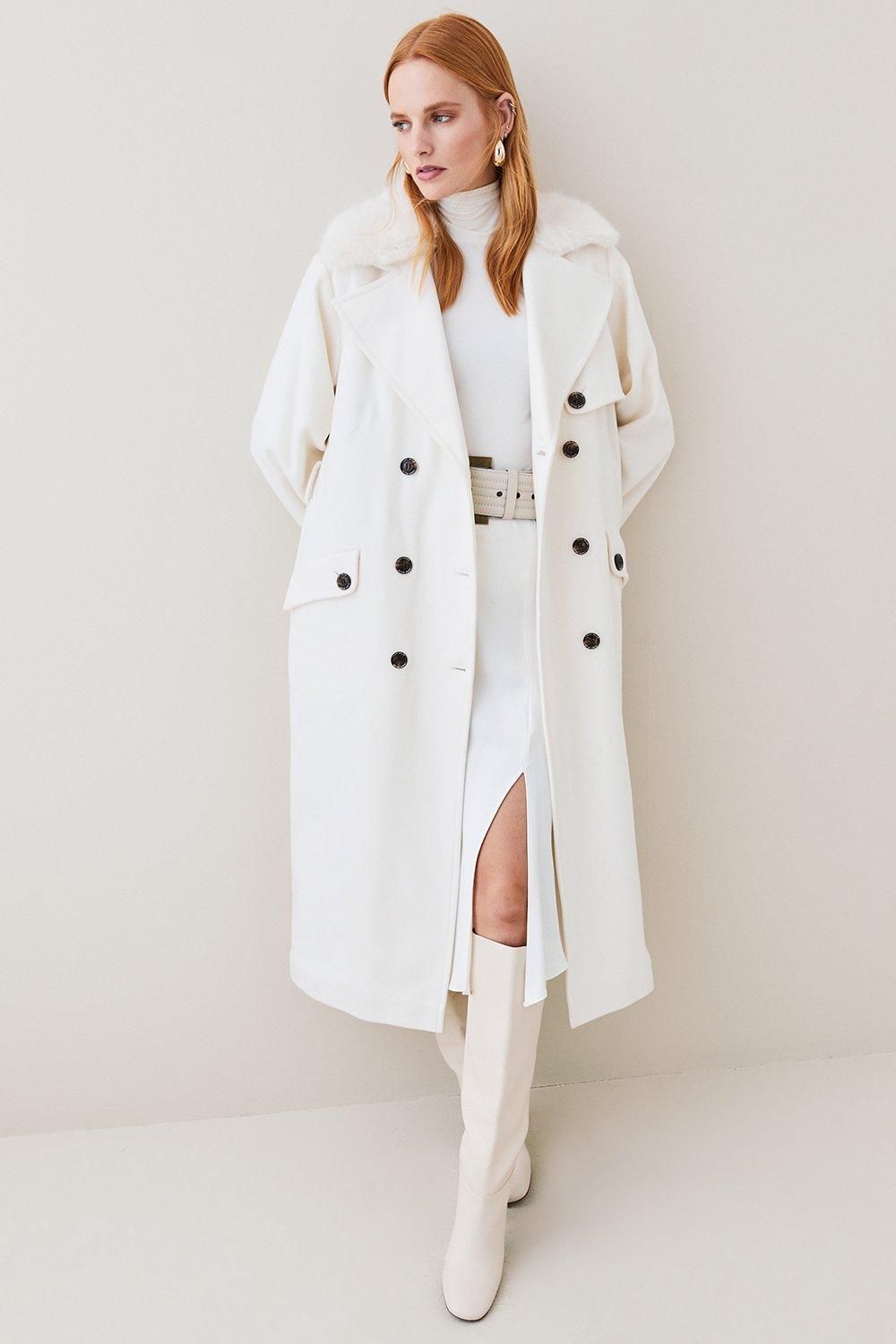 Italian Luxe Finish Wool Cashmere Faux Fur Collar Trench Coat | Karen Millen UK + IE + DE + NL