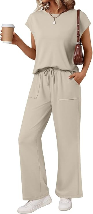 AUTOMET Women's 2 Piece Lounge Set Casual Cap Sleeve Top Wide Leg Pants Summer Vacation Outfits | Amazon (US)