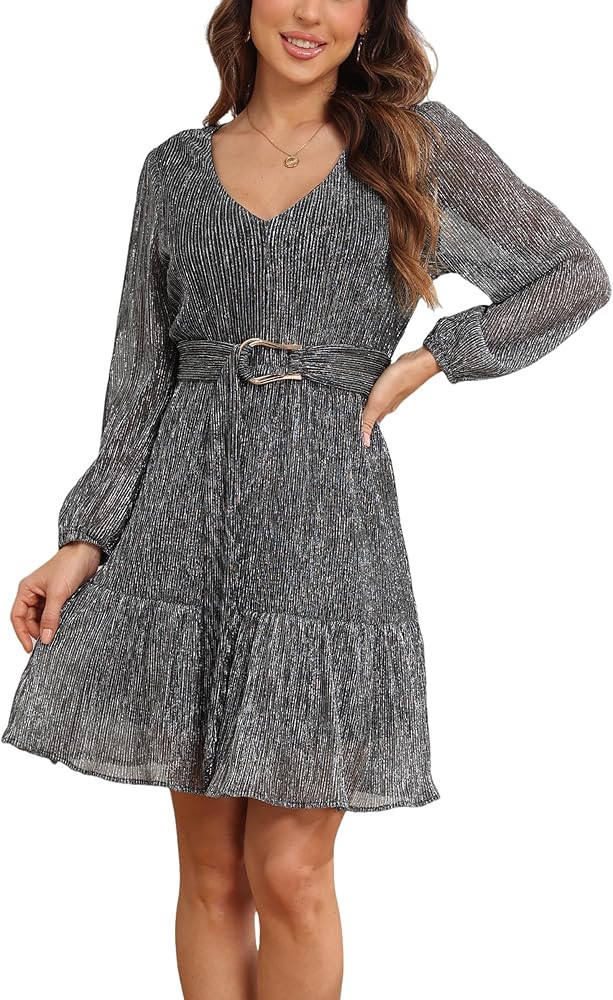 Woman Shiny Threads Dress Long Sleeve Lined with Belt V Neck Mini Pleated Dress | Amazon (US)
