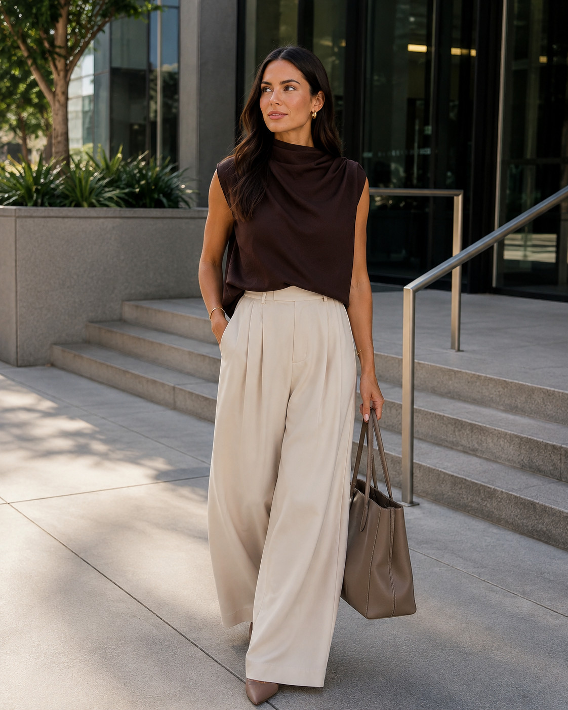 Brown and cream is basically the perfect fall office color combo 🤎 The draped Showpo top with flowy cream trousers feels soft, polished, and so easy to wear from work meetings to dinner after. #Showpo #FallWorkOutfits #BrownAndCream #NeutralFallStyle #OfficeOutfit #WideLegPants #BusinessCasualStyle #FallWorkStyle #CorporateChic #OfficeFashion 

 #LTKSeasonal #LTKU #LTKWorkwear