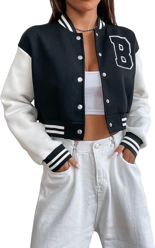 WDIRARA Women's Casual Button Down Letter Patched Color Block Crop Varsity Jacket Outerwear | Amazon (US)