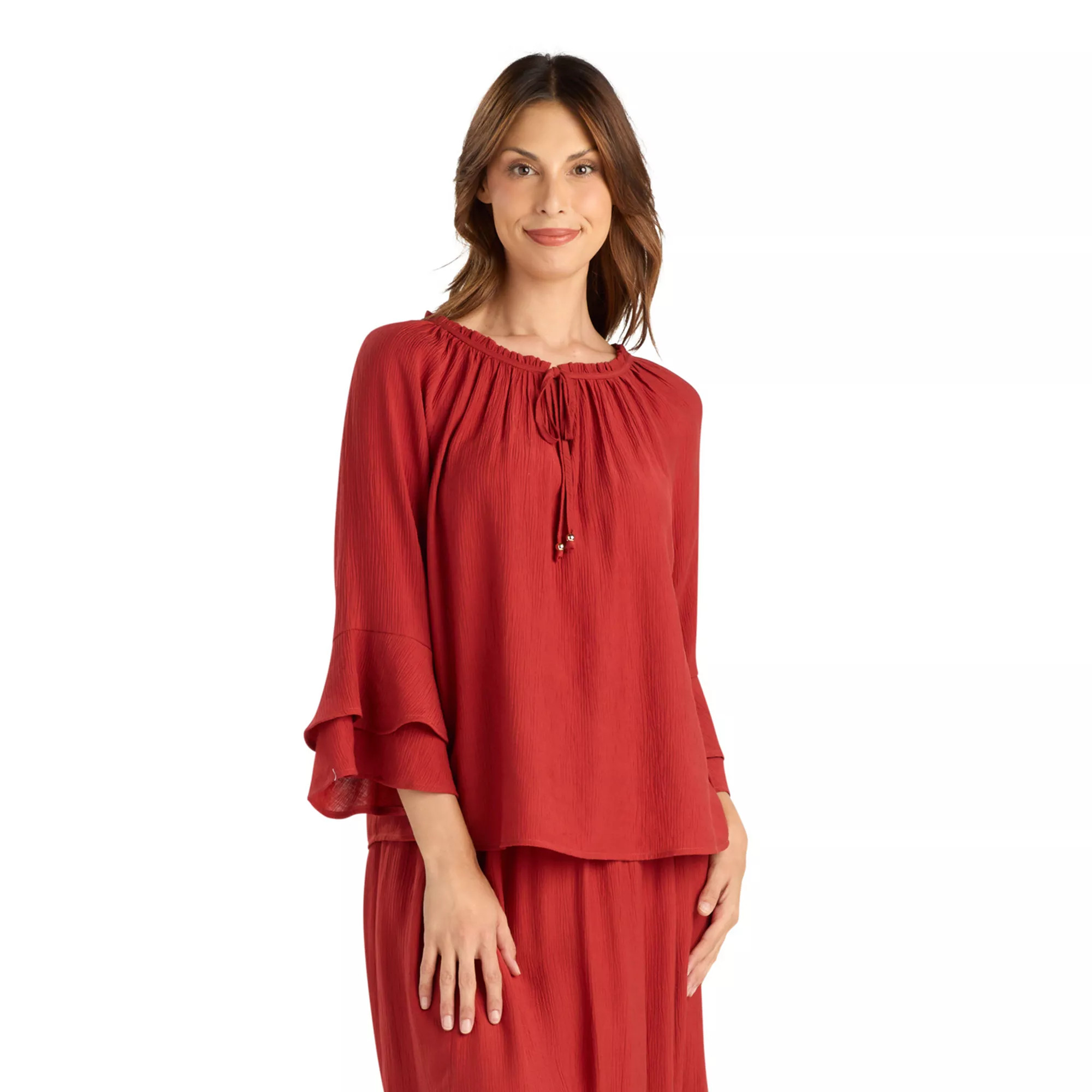 Women's AB Studio Double Ruffle Sleeve Split Neck Top | Kohl's
