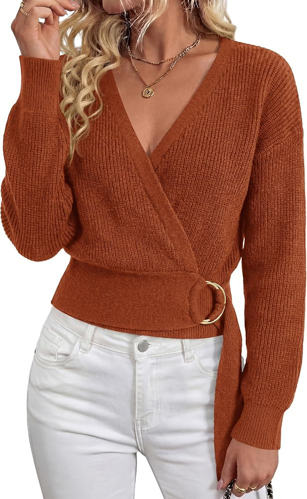 PRETTYGARDEN Womens Long Sleeve Wrap V Neck Belted Sweater | Amazon (US)