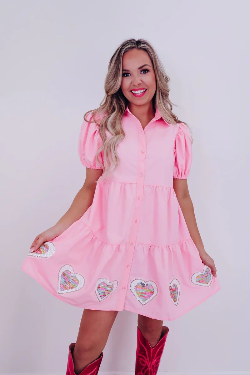 Sweet Heart Sequin Patch Babydoll Dress - Pink | Whiskey Darling Boutique
