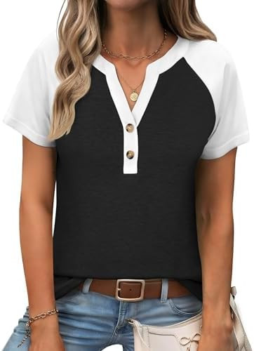 ANRABESS Womens Tops Short Sleeve Henley Shirts Summer V Neck Color Block Tunic T Shirts Casual B... | Amazon (US)