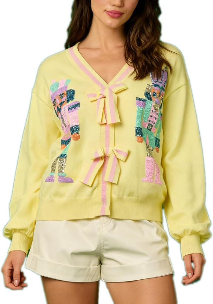Women's Bow Tie Cardigan Sweaters Sequin Graphic Long Sleeve Open Front Knitted Cardigans Cute Pa... | Amazon (US)