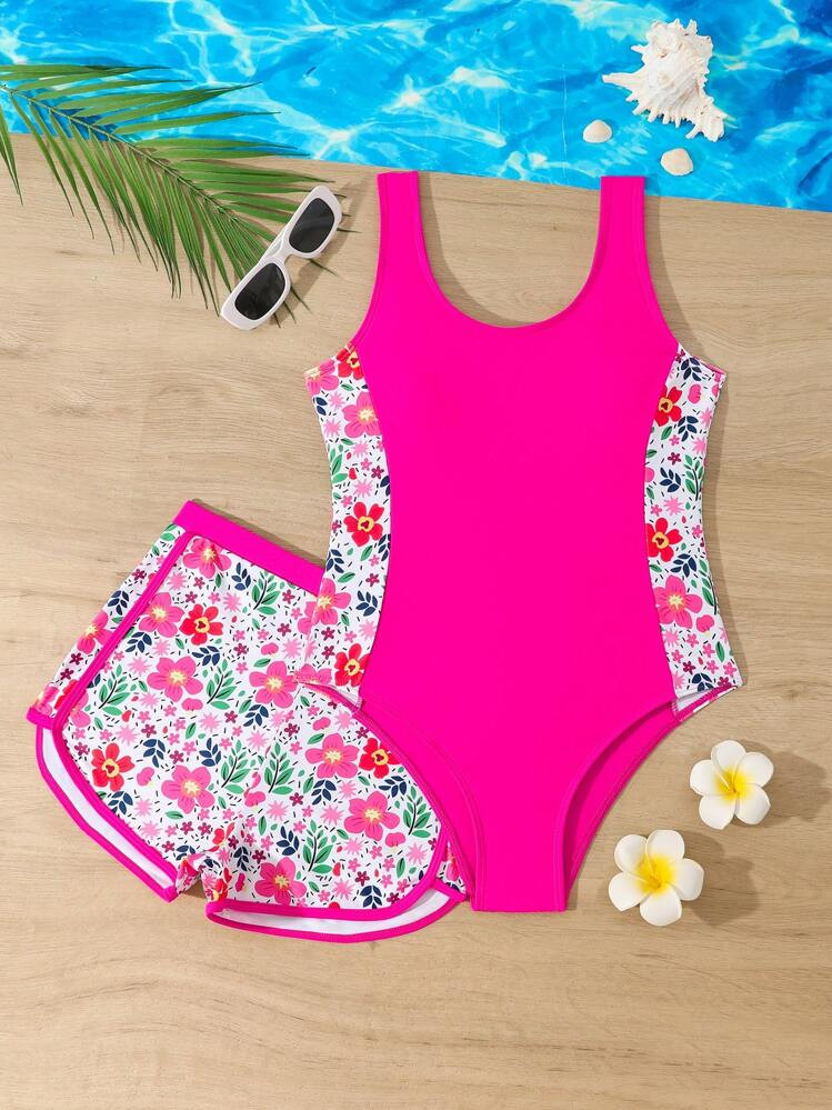 Sparklyn Tween Girls Tropical Flower Print One Piece Swimsuit With Beach Shorts, Suitable For Summer, Surfing, Beach, Vacation, Swimming Pool Summer Holiday | SHEIN
