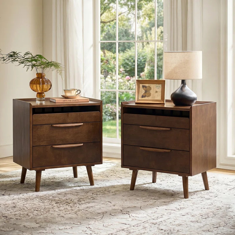 Sebrina Mid-century Modern 24''W 3-Drawer End Table with Charging Station and Solid Wood Legs (Se... | Wayfair North America