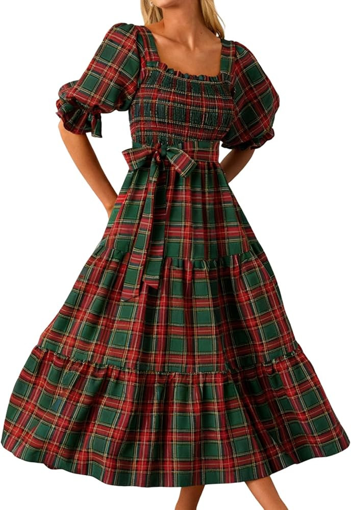 Women Christmas Plaid Sleeveless Maxi Dress Fall Ruffle Sleeve Cocktail Long Dresses Vintage Ging... | Amazon (US)