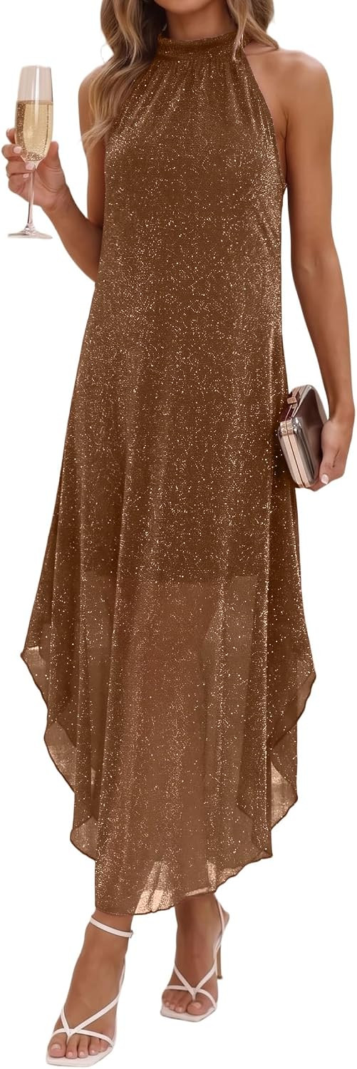 oten Sparkly Halter Wedding Guest Flowy Maxi Formal Cocktail Party Dress | Amazon (US)