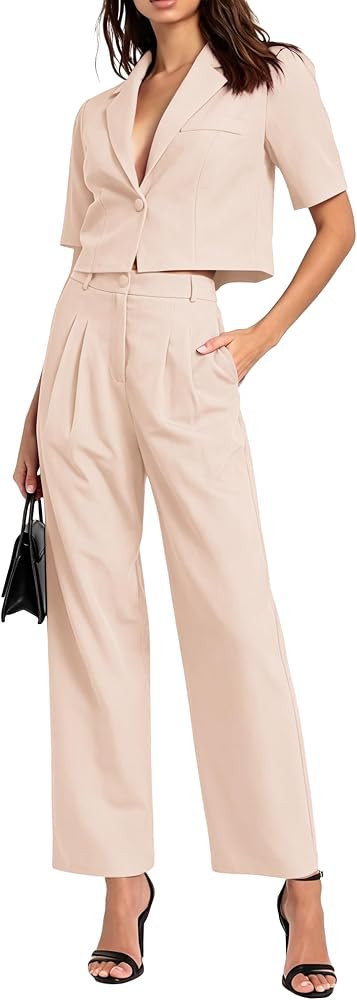 AGSEEM Womens Suits 2 Piece Set Business Short Sleeve Cropped Blazer and Wide Leg Pants Set Offic... | Amazon (US)