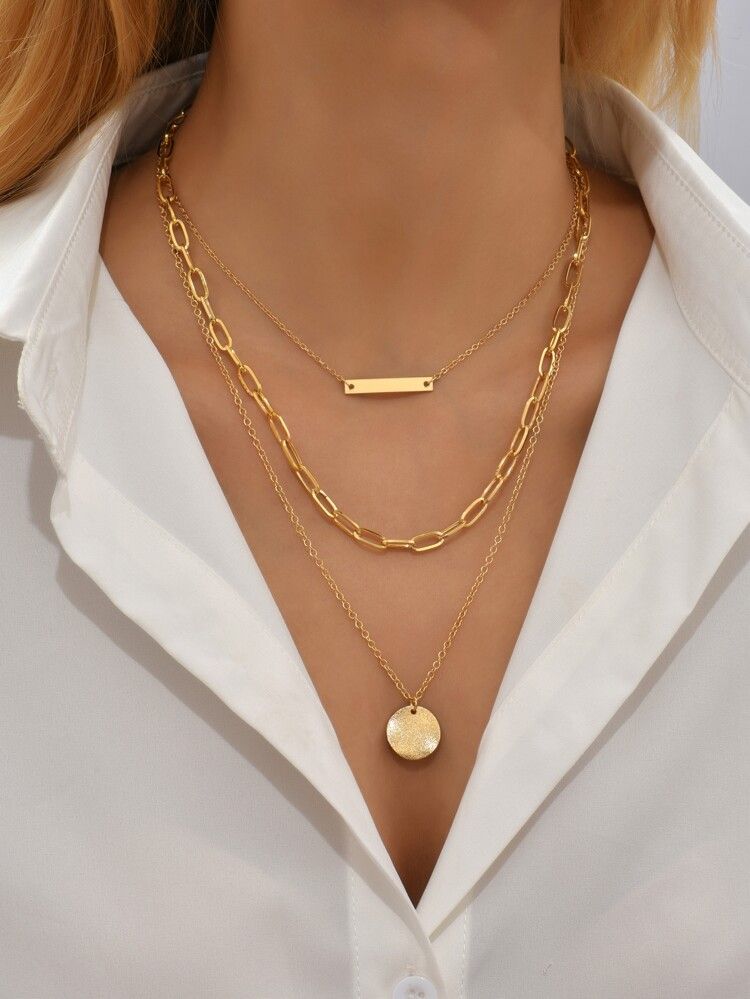 Rectangle & Disc Charm Layered Necklace | SHEIN