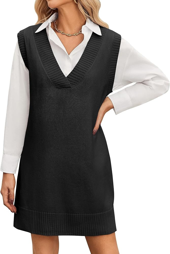 Zeagoo Women's Oversized Sweater Vest Dress V Neck Knit Pullover Sweater Vest Sleeveless Sweater ... | Amazon (US)