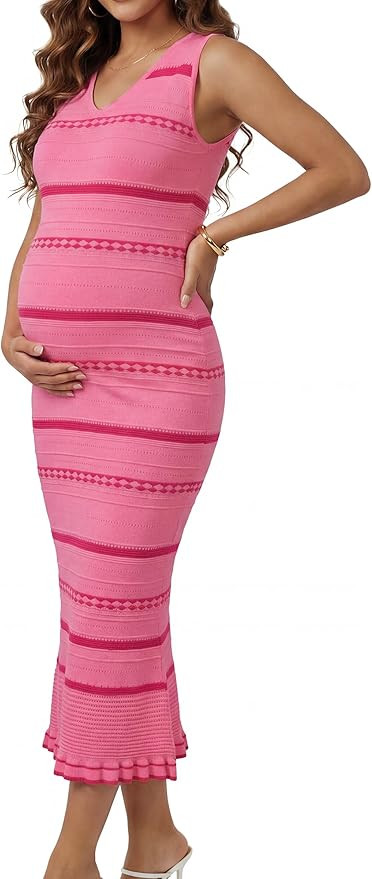 OUGES Women's 2026 Spring Casual V Neck Maternity Dress Sleeveless Striped Stretchy Midi Dress Bo... | Amazon (US)