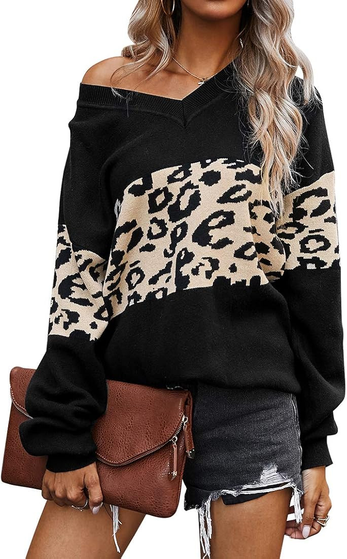 PRETTYGARDEN Women’s Casual Long Sleeve Off Shoulder Knitted Sweater Leopard Print Color Block ... | Amazon (US)