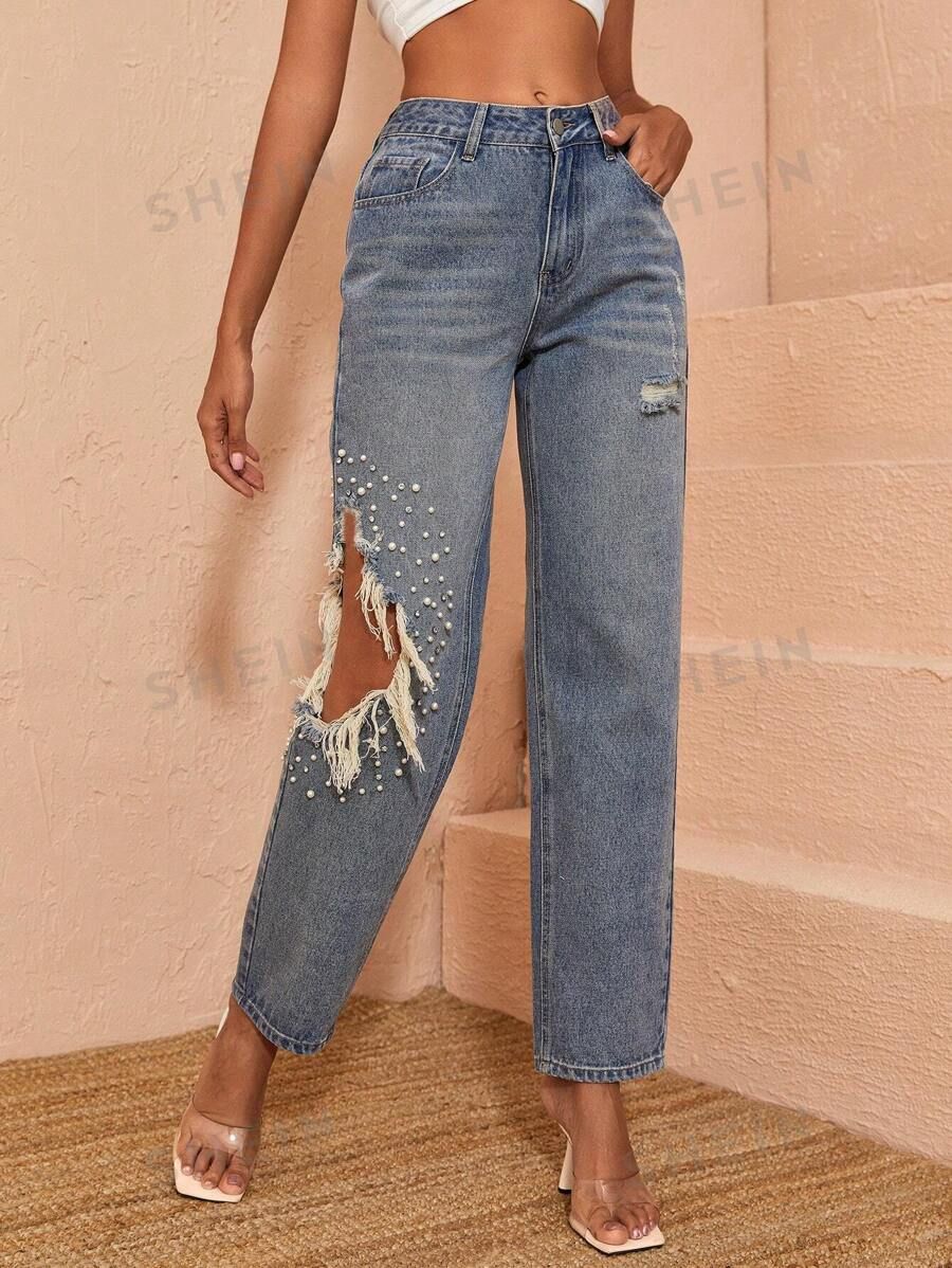 Vintage High Waist Cut Out Ripped Pearl Detail Straight Leg Jeans | SHEIN